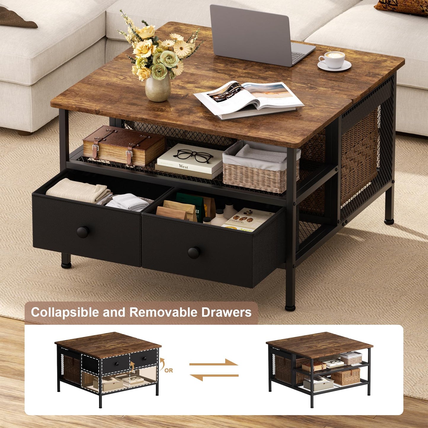 FABATO Lift Top Coffee Table, Square Coffee Table Metal Wood, Farmhouse Lift Up Coffee Tables Cocktail Table with Wire Mesh Barn Door and Storage, Steel Frame, Small Tea Table for Living Room, Black