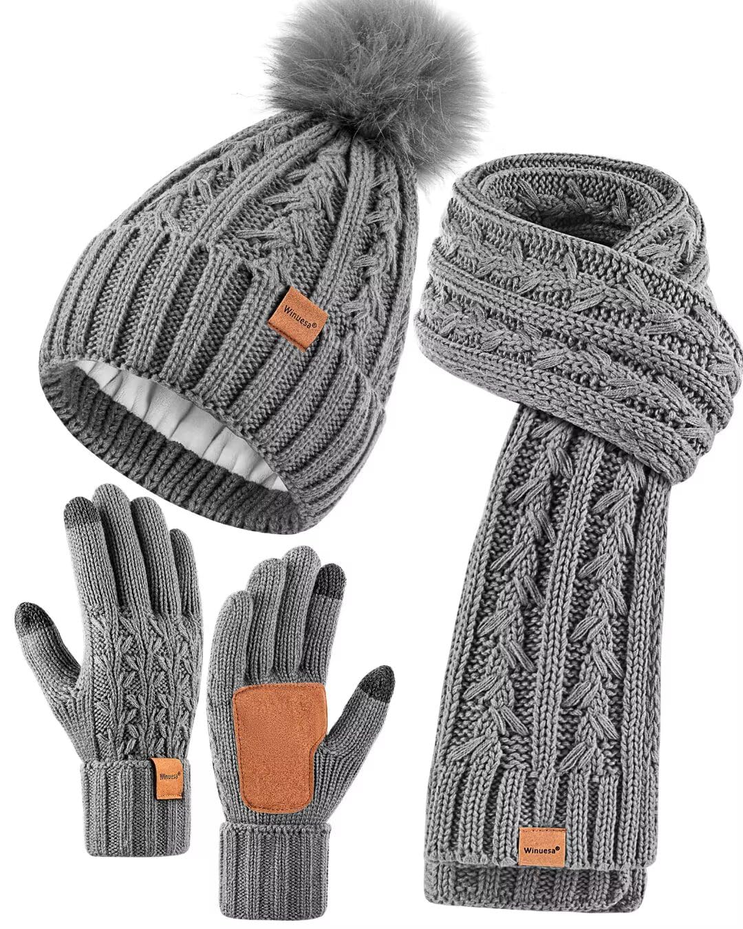 Womens Beanie Hat Scarf Gloves Set, Fleece Lined Winter Hat with Pom Pom, Long Knit Scarf Touchscreen Gloves for Cold Weather