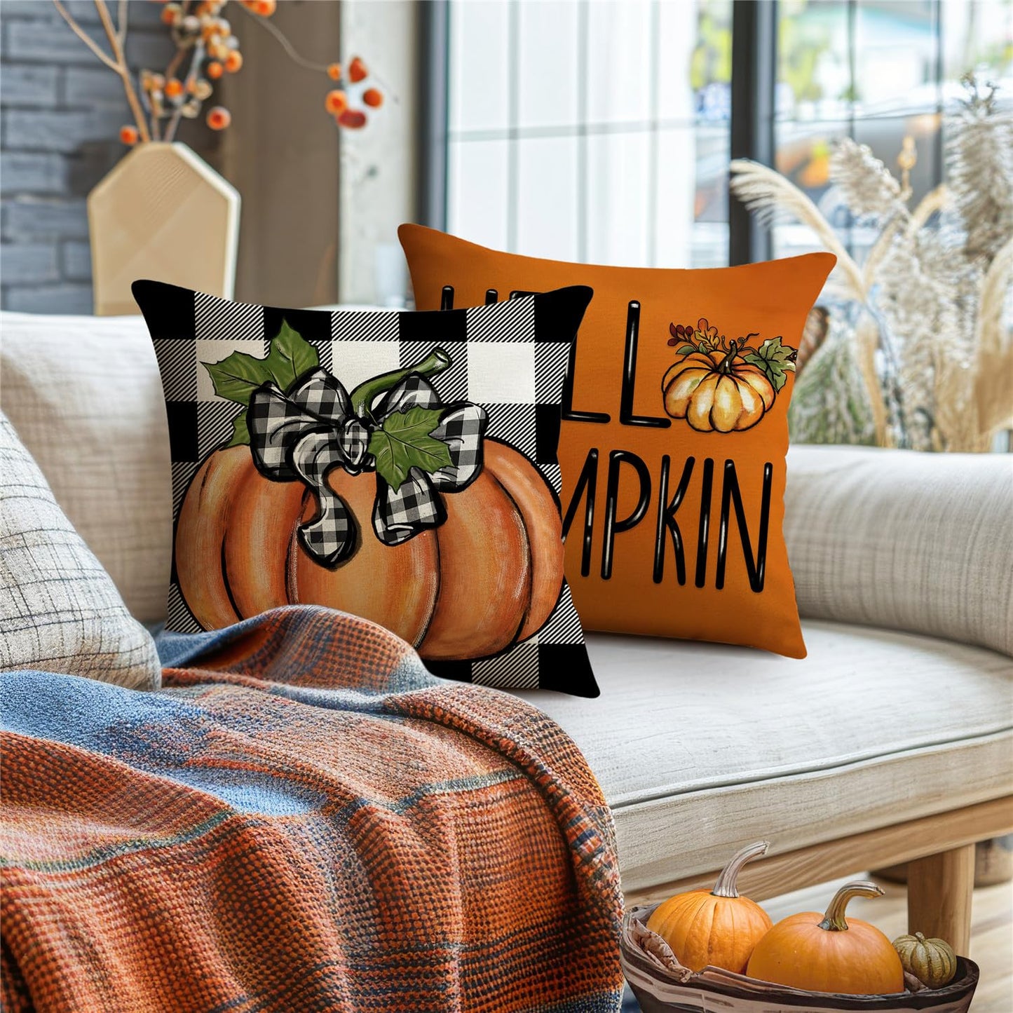 MODOVOS Fall Maple Leaf Pumpkin Throw Pillow Covers Thanksgiving Farmhouse Decorations Buffalo Plaid Outdoor Fall Decor Pillow Covers 18x18 Set of 4 Harvest Autumn Cushion Case for Sofa Couch