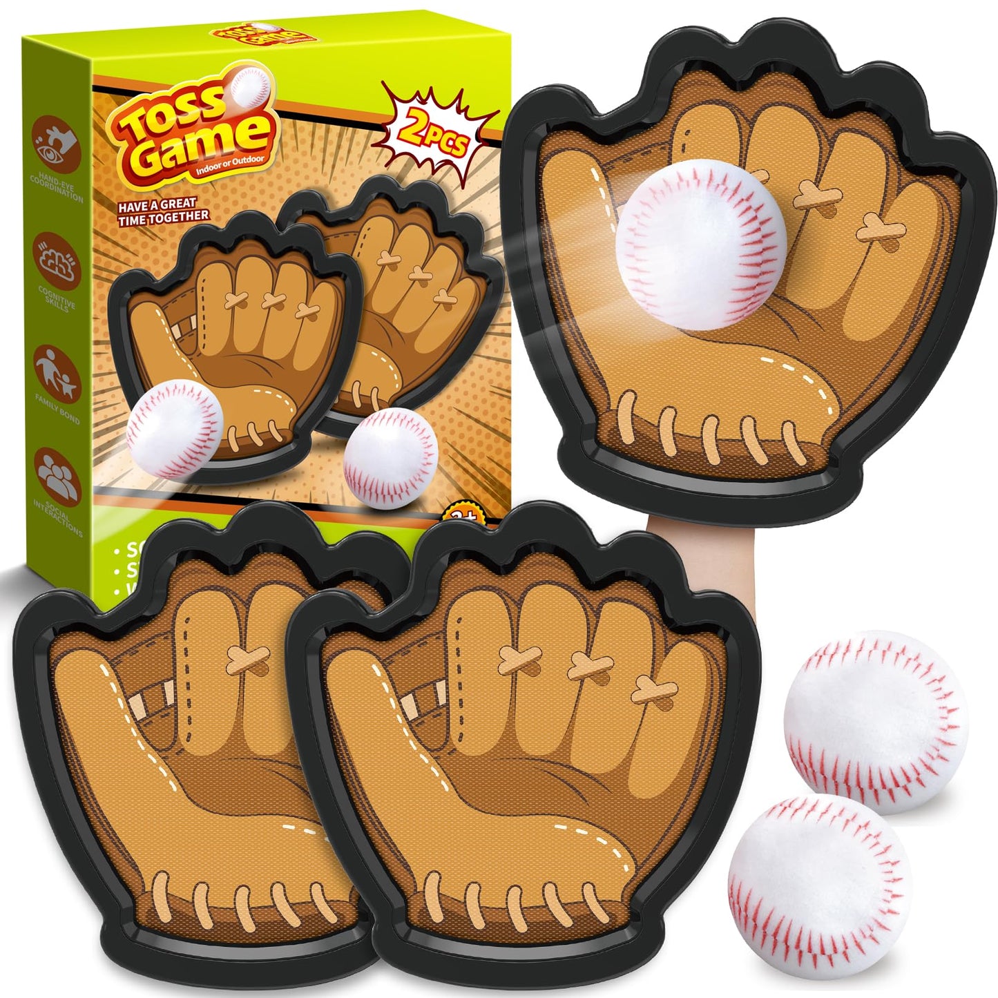 Officygnet Kids Outdoor Toys Catch Ball Games Set, 2 Pack Baseball Training Toy with Gloves for Kids Ages 3-12 Years Old, Beach Pool Yard Games for Adult and Family, for Toddlers Boys Girls