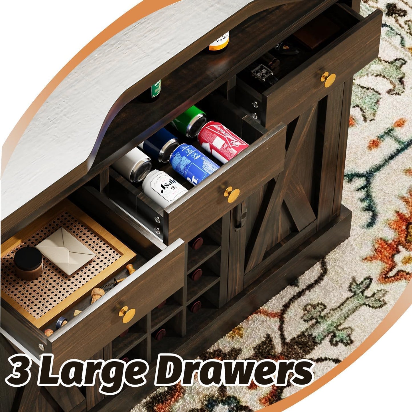 52 Inch Large Home Bar Unit, 4-Tier Storage Bar Table with Footrest & 3 Drawers, Farmhouse Wine Bar Cabinet with 9 Wine Rack & 2 Barn Doors for Living Room, Dining Room, Dark Oak