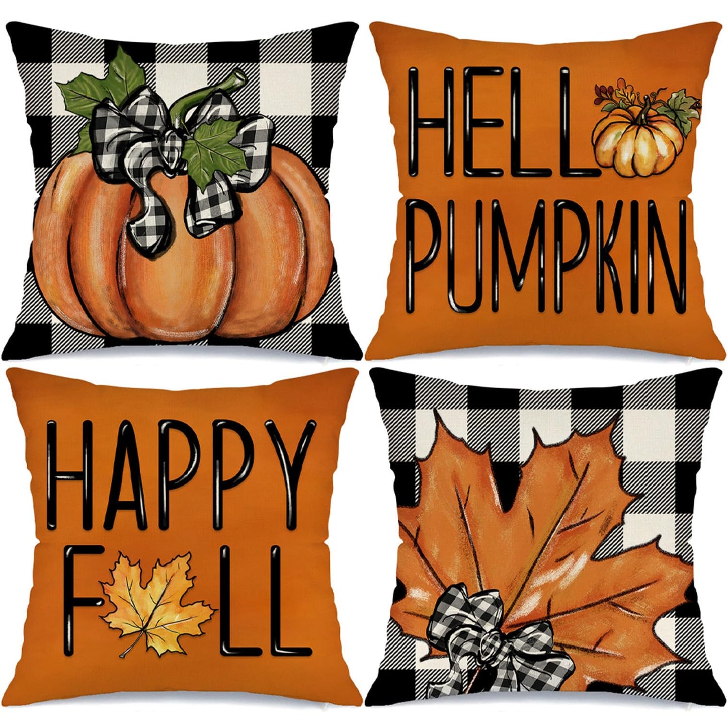 MODOVOS Fall Maple Leaf Pumpkin Throw Pillow Covers Thanksgiving Farmhouse Decorations Buffalo Plaid Outdoor Fall Decor Pillow Covers 18x18 Set of 4 Harvest Autumn Cushion Case for Sofa Couch