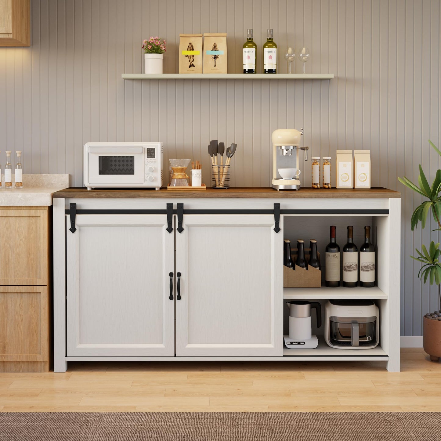 Gizoon Sideboard Buffet Cabinet with Storage, Large Kitchen Sideboard and Coffee Bar with Sliding Barn Doors and 4 Drawers, Kitchen Storage Island for Dining Room, Living Room, Retro