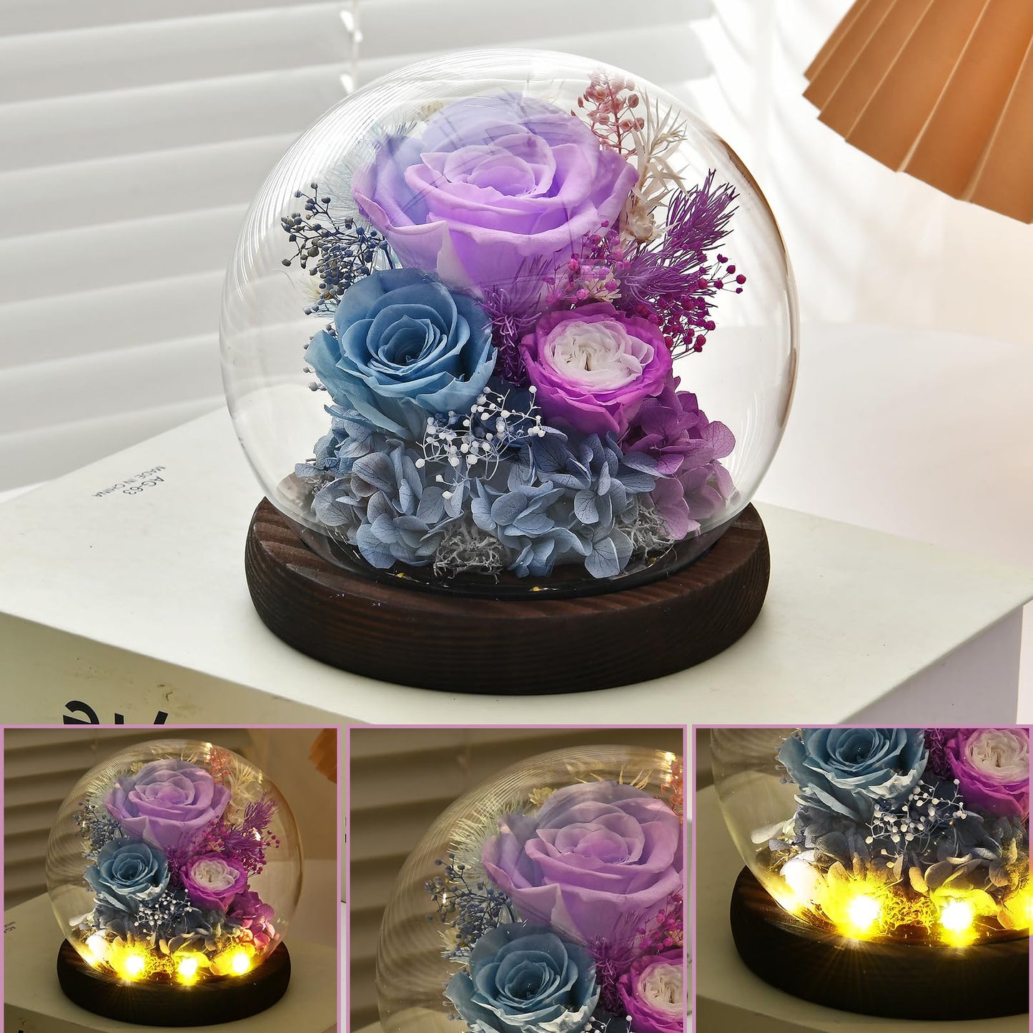 GiftGuru Mothers Day Flowers Delivery Prime, Roses in Glass Dome with LED Light - Gifts for Mom Grandma Her Girlfriend Wife