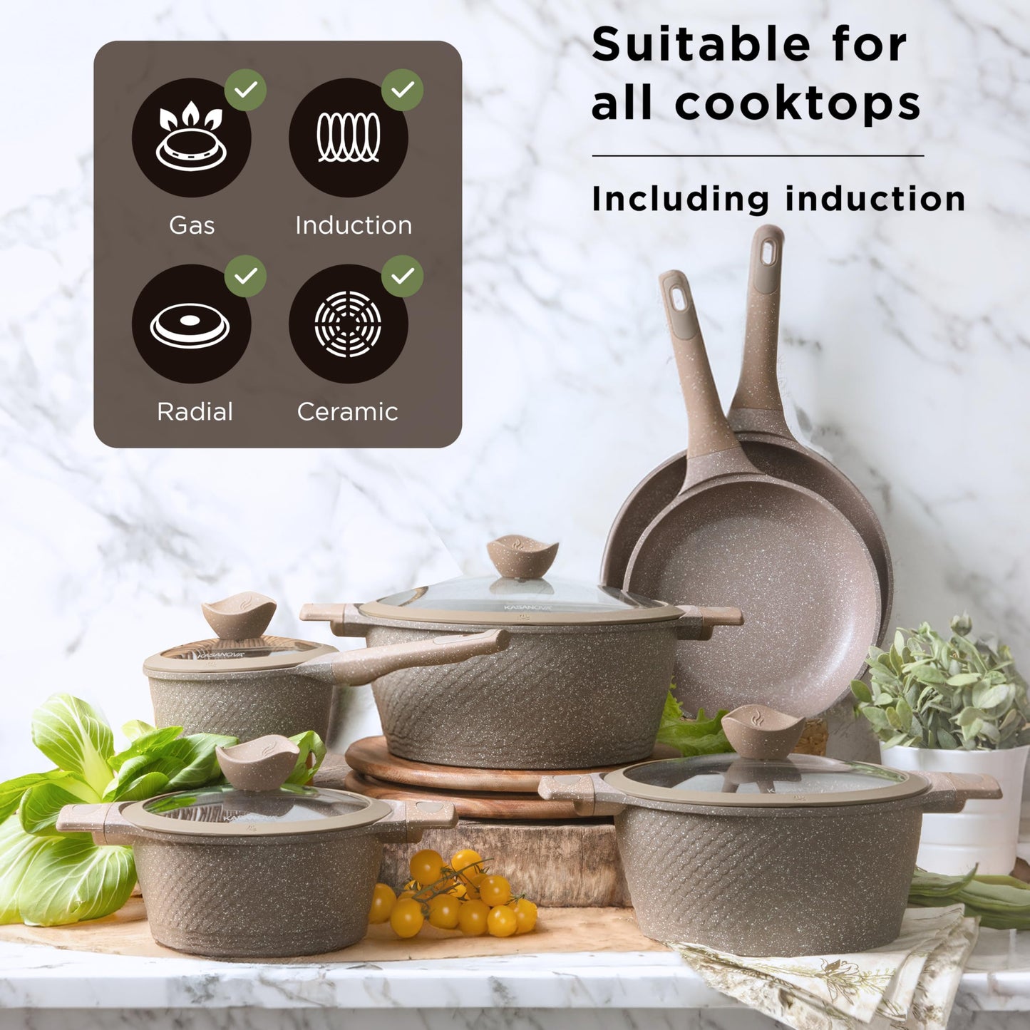 KASANOVA Pots and Pans set for cooking nonstick, 10Pcs, Durable Aluminum cookware set, PFOA-free, Kitchen pans set with glass lid, Induction safe, Taupe (10)