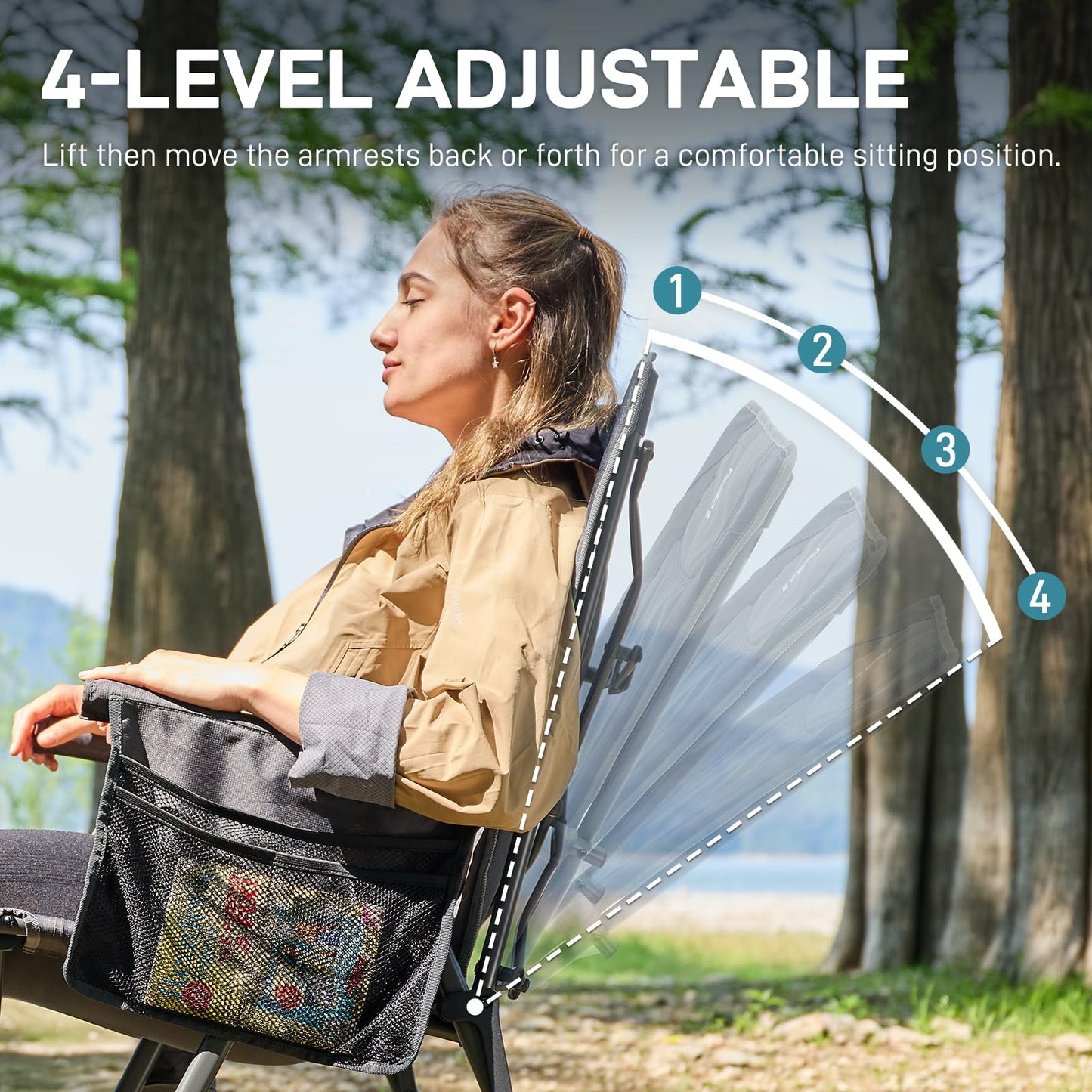 EVER ADVANCED Reclining Camping Chairs for Adult Lightweight, Portable Compact Folding Chair with Adjustable Back,4-Level Recliner Chairs, Lawn Chair for Patio Balcony, Supports 350lbs, Grey