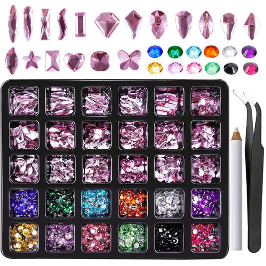 Canvalite 2518Pcs Rhinestones Nail Gems, 12 Styles 3D Glass AB Crystals Charms Shiny Multi Shape Flatback Nail Rhinestones for Nail Art with Picker and Tweezers for DIY Nail Art