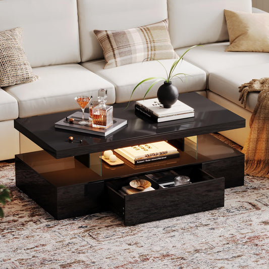 ChooChoo Modern LED Coffee Table, High Glossy Coffee Table with Drawer, Black Coffee Table with Storage for Living Room, Bedroom, CT2305-BK