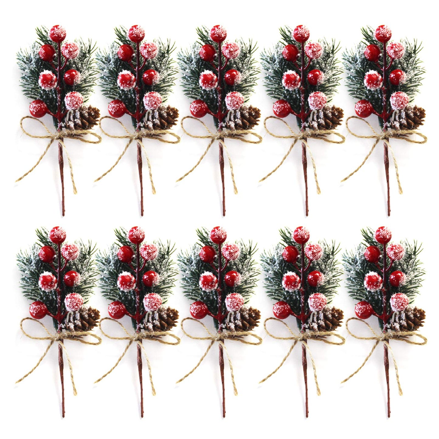 Artificial Red Berry Stems Pine Branches with Twine Bow,Christmas Pine Picks Fake Red Berry Wreath Picks, Christmas Trees Decoration Bouquets Garland Wreath Arrangements for Holiday Decor(10 Pack/red)
