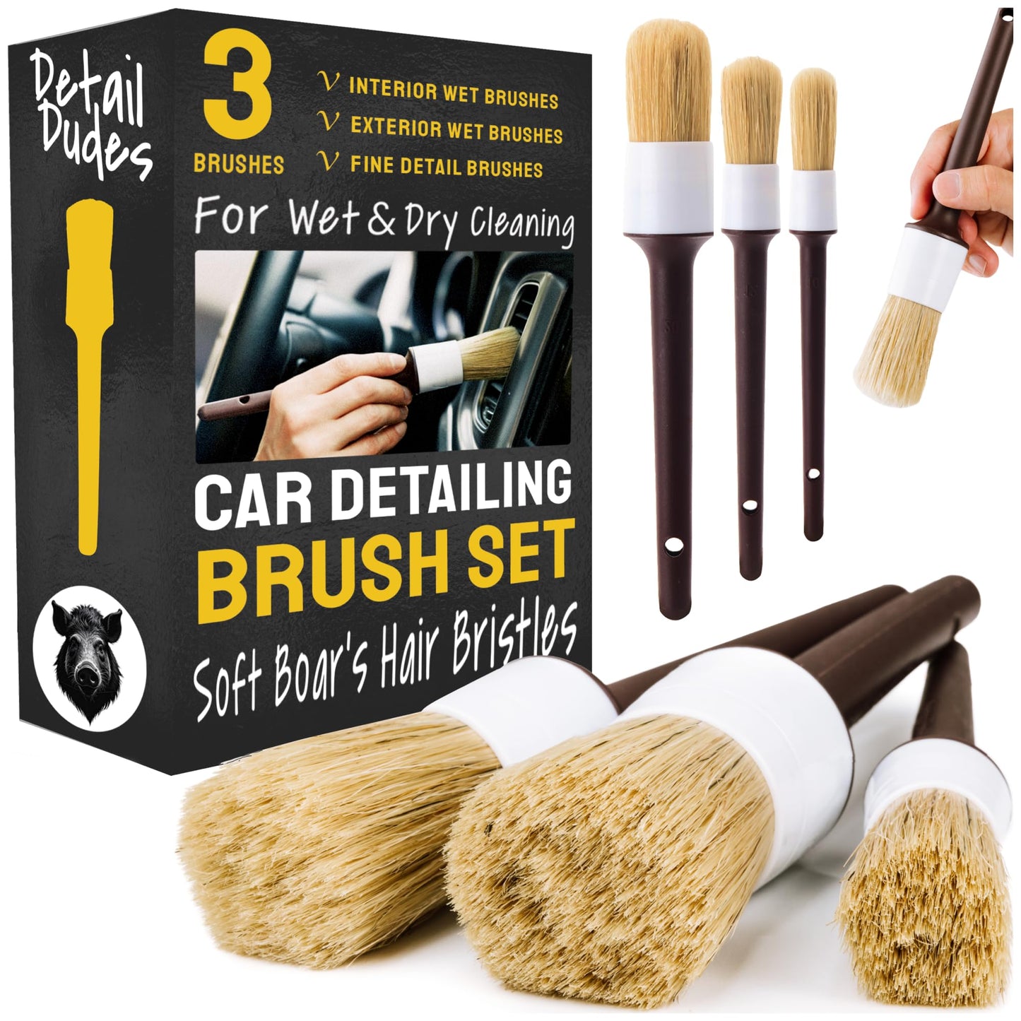 Detail Dudes Soft Boars Hair Car Detailing Brush Set for Washing (3 Pack) - Car Detailing Kit - Automotive Cleaning Brush