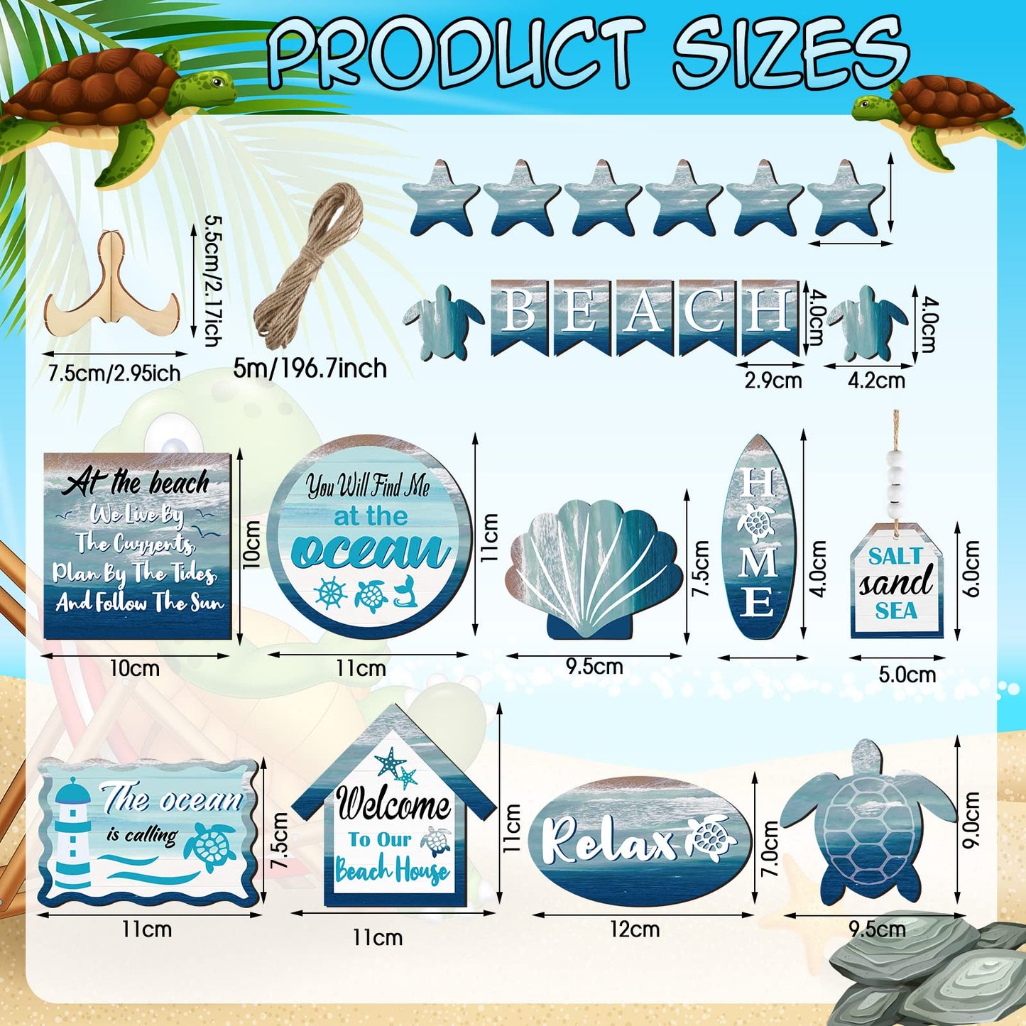 Maitys 21 Pcs Summer Beach Tiered Tray Decor Set Farmhouse Tray Decor Items Sea Turtle Shell Conch Wood Sign Rustic Beach Table Decoration for Home Kitchen Hawaii Party Holiday Outdoor Shelf