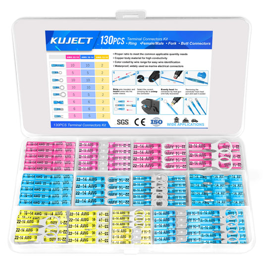 Kuject 320PCS Heat Shrink Wire Connectors Kit, Electrical Waterproof Crimp Butt Terminals, Insulated Spade Connectors for Automotive Marine Boat Truck, Include Rings Forks Spade Butt Splices