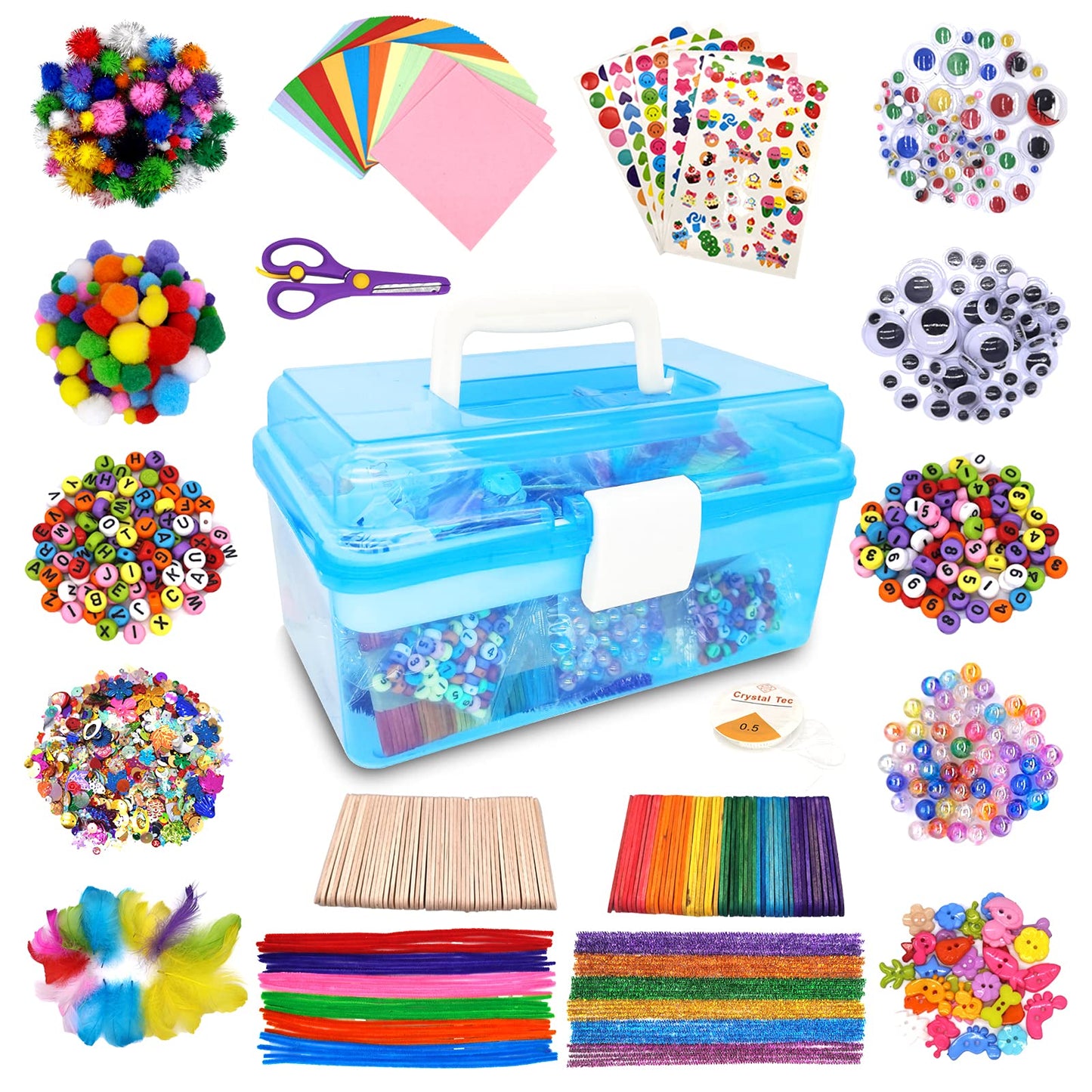 Irichna 1000+ Pcs Art and Craft Supplies for Kids, Toddler DIY Craft Art Supply Set Included Pom Poms, Pipe Cleaners, Feather, Folding Storage Box - All in One for DIY Craft Set (Pink)