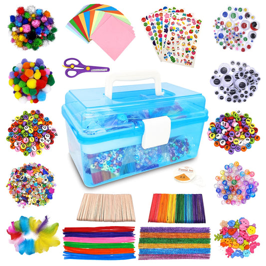 Irichna 1000+ Pcs Art and Craft Supplies for Kids, Toddler DIY Craft Art Supply Set Included Pom Poms, Pipe Cleaners, Feather, Folding Storage Box - All in One for DIY Craft Set (Pink)