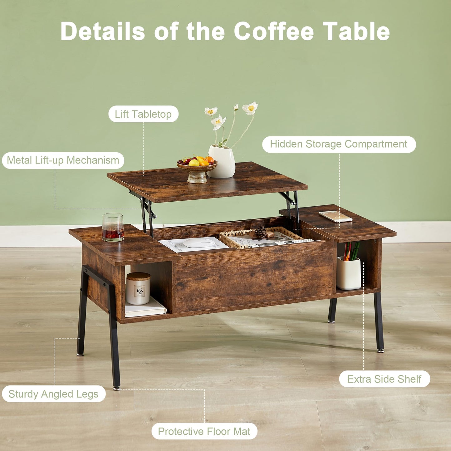 VECELO Wood Lift Top Coffee Table with Hidden Compartment and Storage Shelf for Living Room/Office Reception, Rising Tabletop, Brown