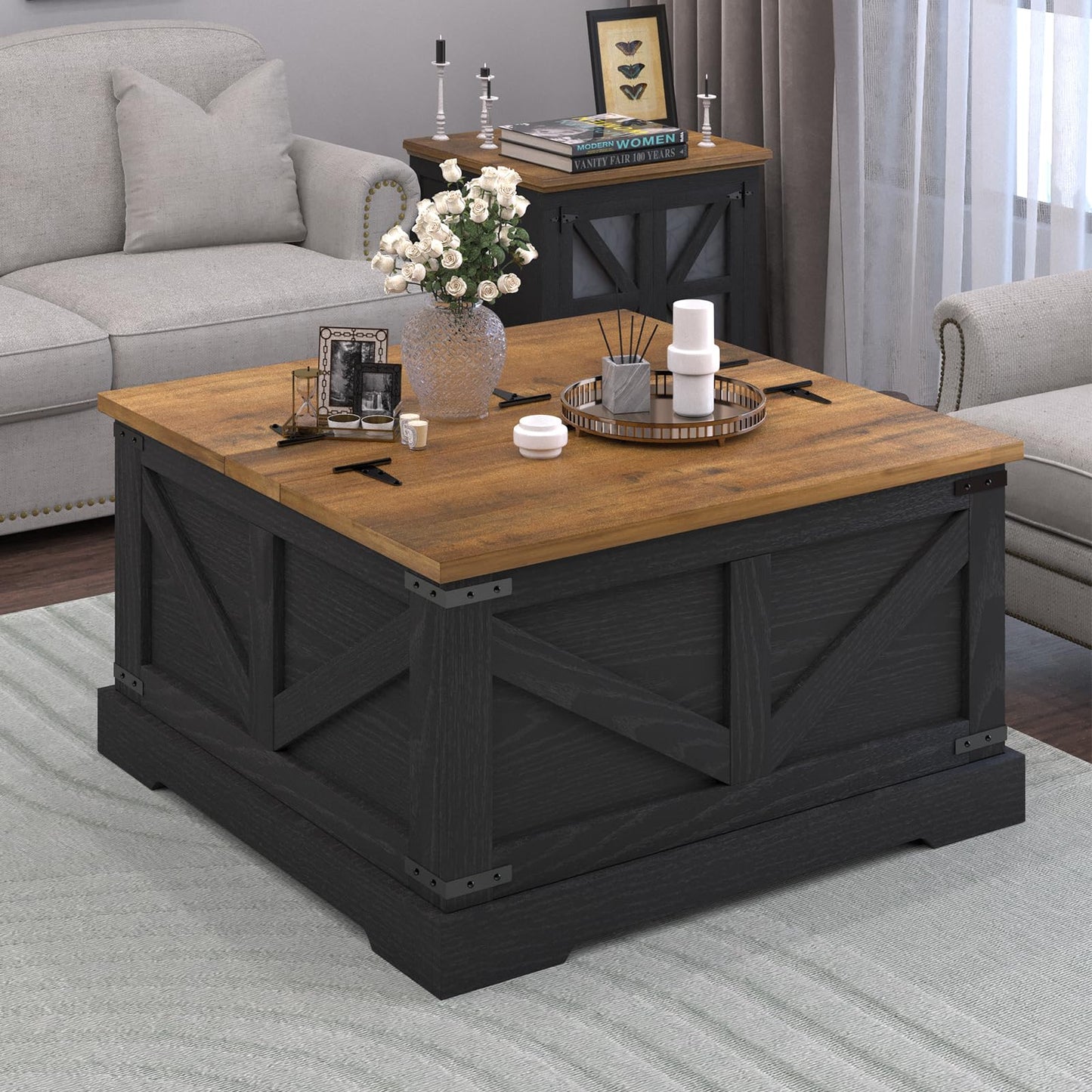 REVOMINCA Farmhouse Coffee Table with Hidden Storage Compartment, Black Square Coffee Table for Living Room, Wood Center Table with Hinged Lifting Tabletop for Home