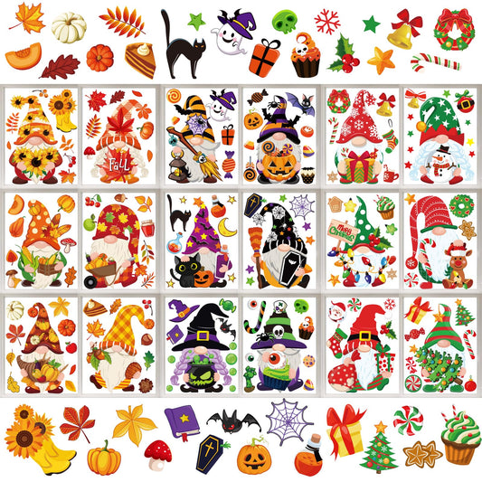 Whaline 204Pcs Fall Christmas Halloween Gnome Window Clings Colorful Cute Gnomes Pumpkins Bat Xmas Tree Window Decals Double-Sided Window Stickers for Autumn Thanksgiving Home Classroom Decor
