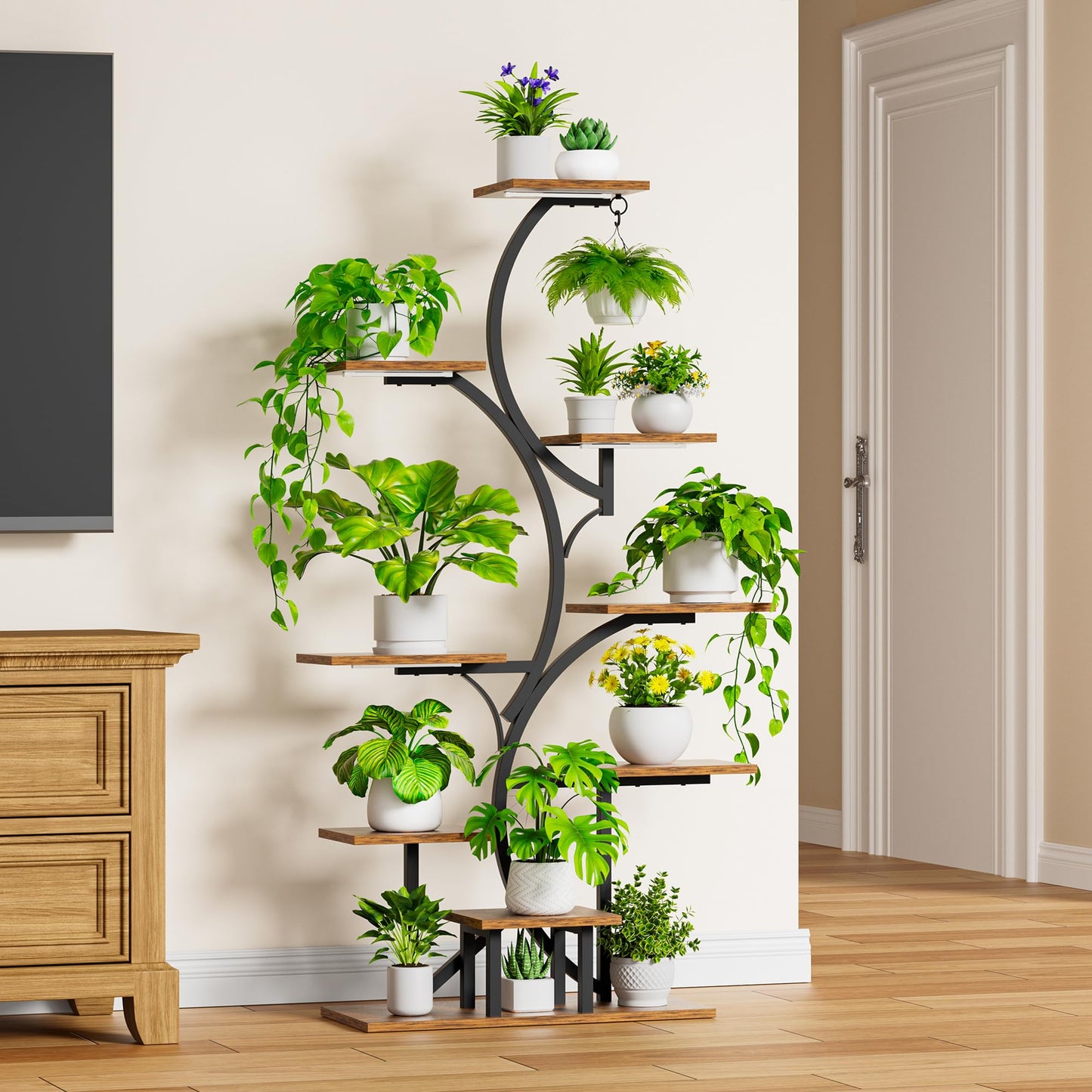 Plant Stand Indoor with Grow Light: Lighted Plant Stands 54.6" Tall, 9 Tiered Large Plant Shelf for Indoor Growing, S-Shaped Flower Holder Display for Multiple Plants, Living Room, Patio (Black)