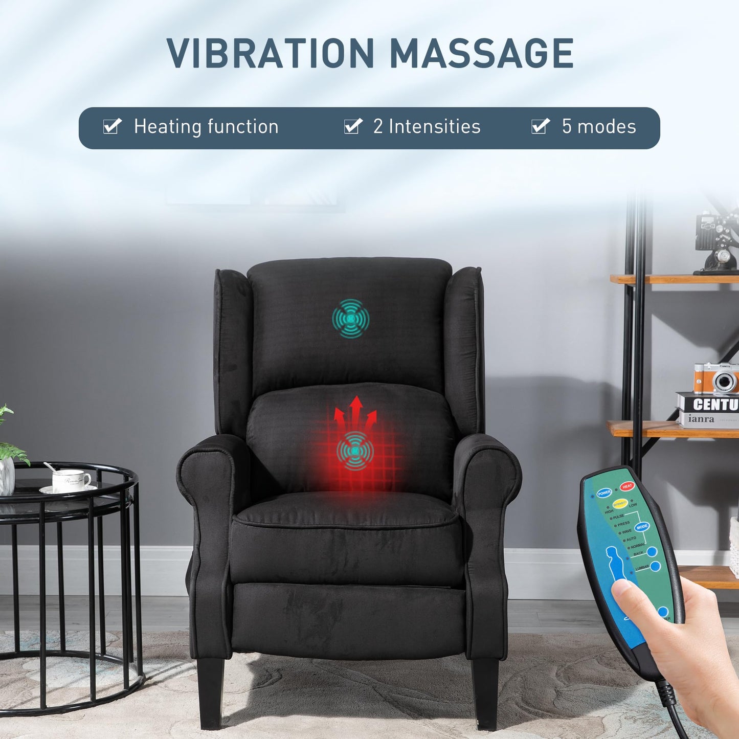 HOMCOM Vibration Massage Recliner Chair for Living Room with Heat, Wingback Single Sofa, Modern Suede Fabric Push Back Reclining Chair with Footrest, Side Pocket, Black