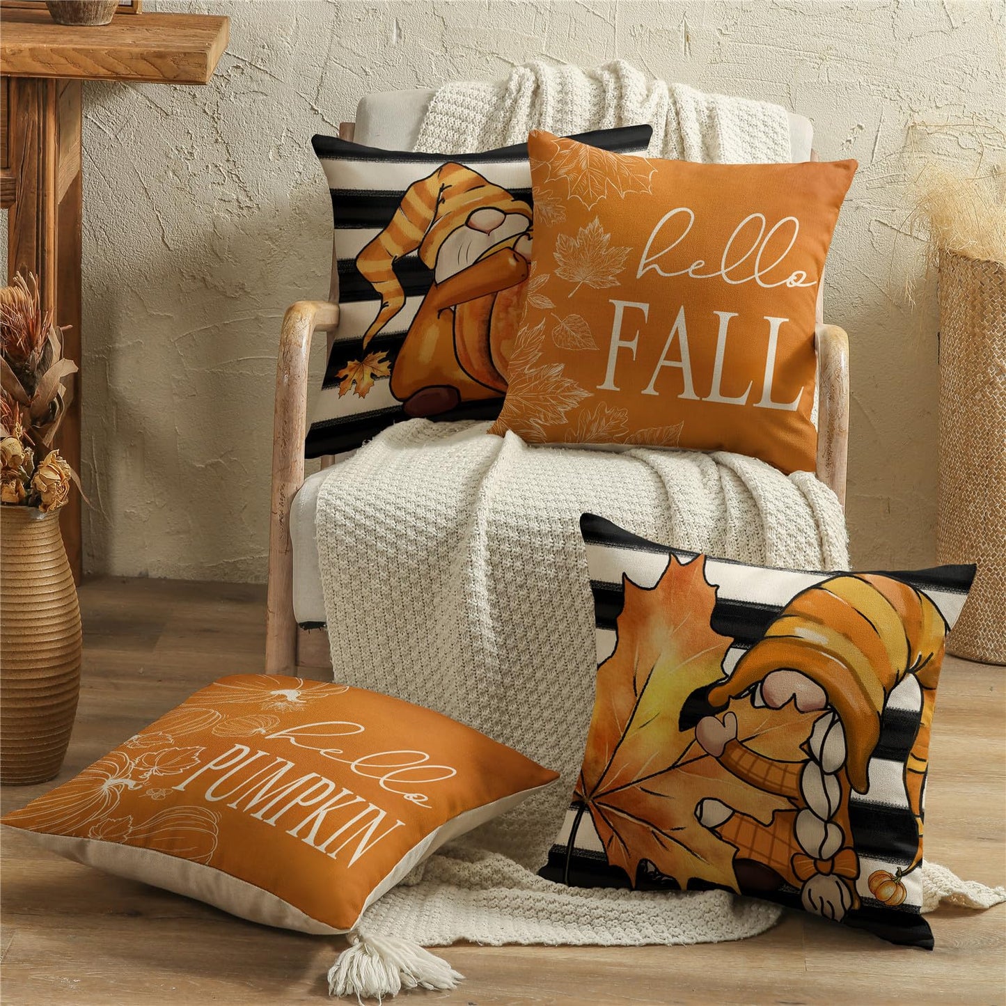 KISVODS Fall Pillow Covers 18x18 Thanksgiving Farmhouse Decorations Black Striped Maple Leaf Pumpkin Outdoor Fall Decor Throw Pillow Covers Gnomes Autumn Harvest Cushion Case for Sofa Couch Set of 4