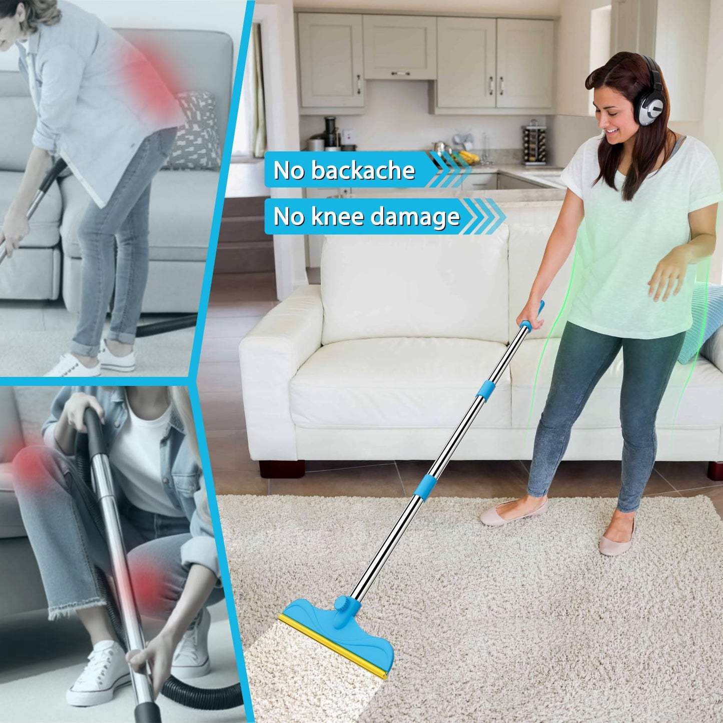 Eaersan 3 in 1 Carpet Rake Kit for Pet Hair Removal Tool - 45” Adjustable Long Handle Pet Hair Remover, Reusable Carpet Scraper Dog Cat Deep Hair Cleaner Remover Tool for Rugs, Mats, Couch, Furniture