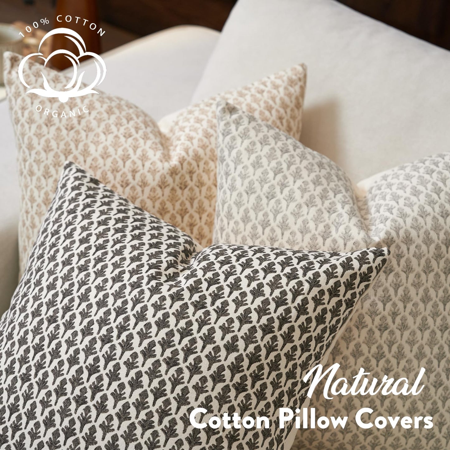 FIOUOVO Floral Pillow Covers 18x18 Pillow Cover Block Print Couch Pillows for Living Room Decorative Neutral Accent Throw Pillow Covers, 1PC, Light Taupe