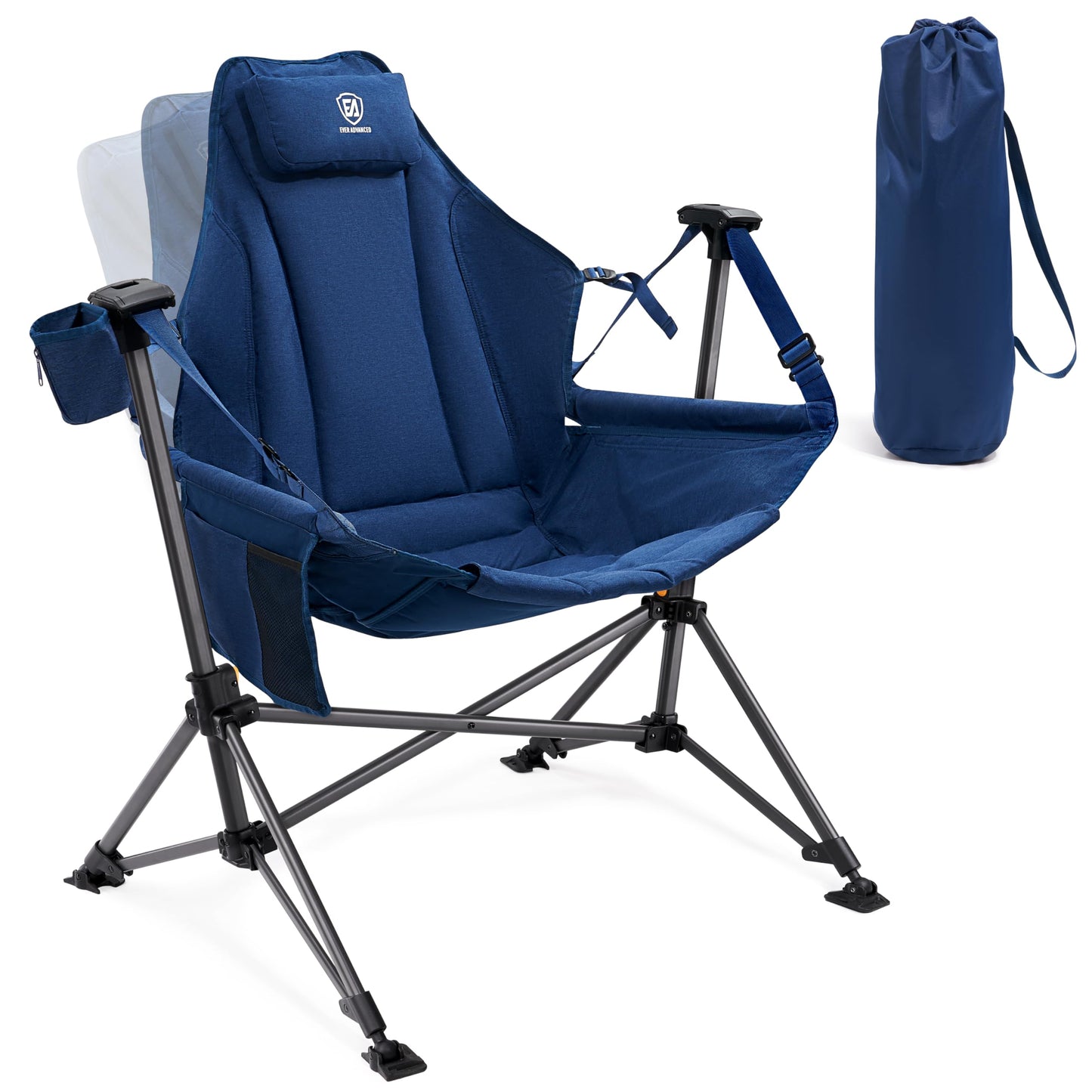 EVER ADVANCED Padded Hammock Camping Chair, Oversized Heavy Duty Swing Chair with Detachable Cup Holder, Portable Folding Rocking Camping Chair, Support Up to 400lbs, Blue