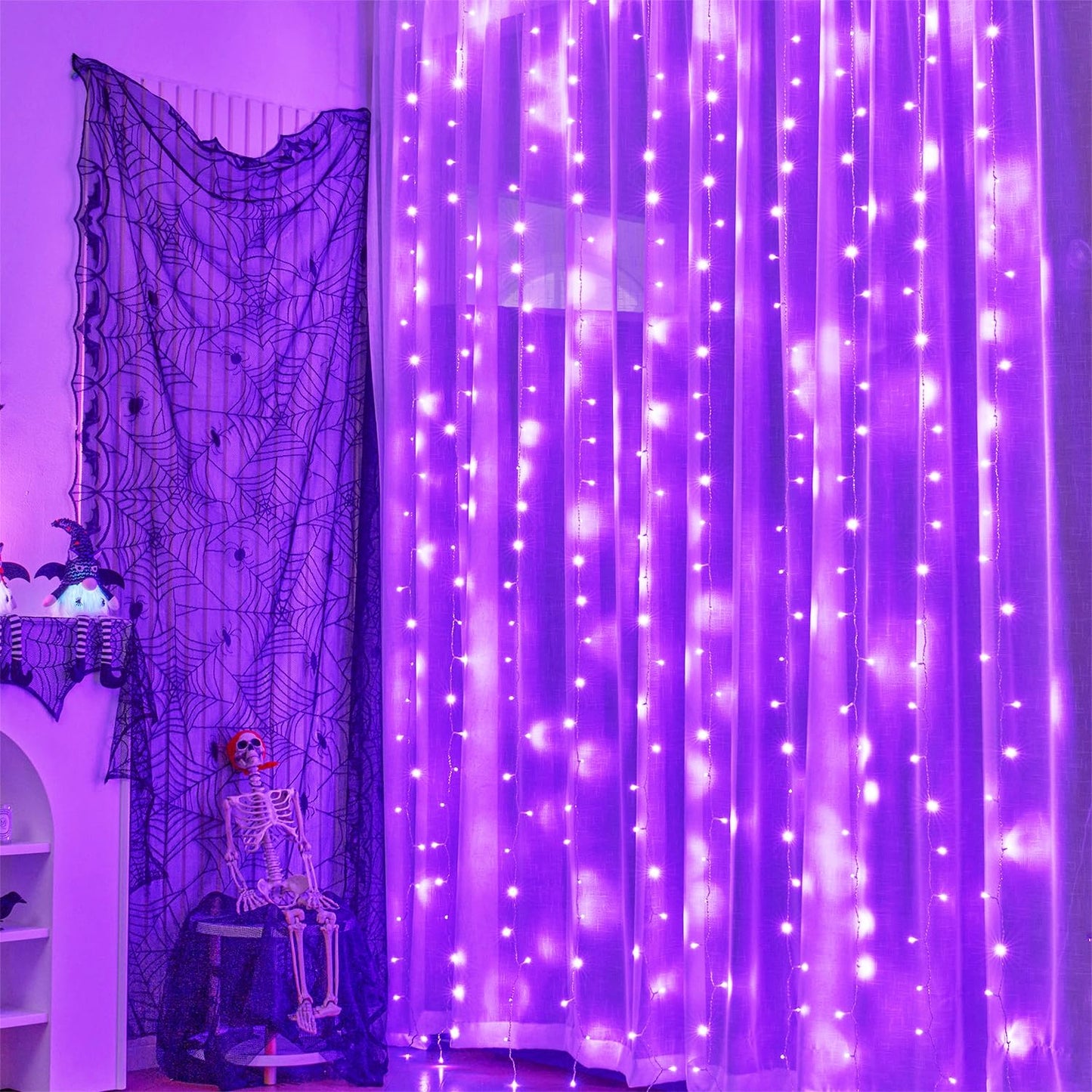 WATERGLIDE 300 LED Curtain Lights, Remote Control Christmas Hanging String Lights, 8 Lighting Mode, Plug in for Indoor Outdoor Halloween Holiday Party Garden Backdrop Wedding Home Decor, Purple