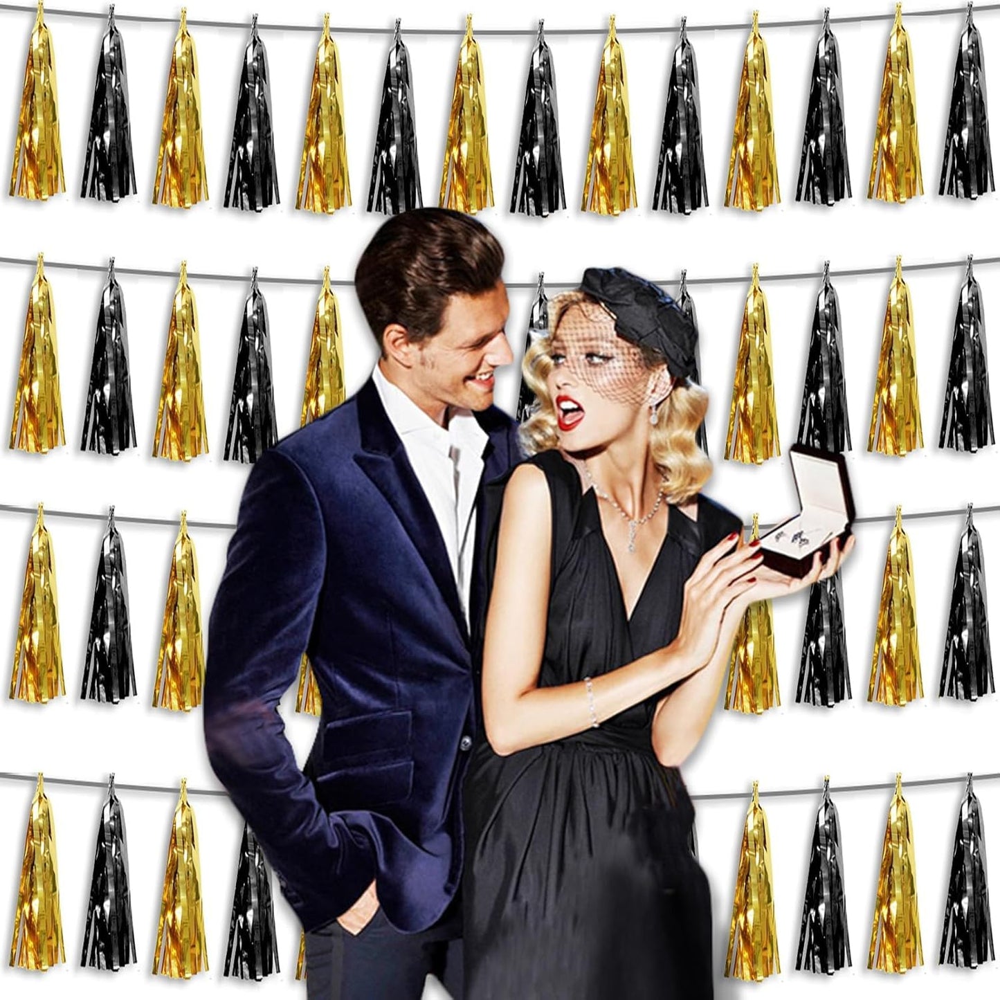 4P Black Gold Foil Fringe Tassel Banner Garland Metallic Tinsel Streamers Wall Hanging Curtain Backdrop Banner for Parade Floats, 2025 Graduation Decorations, Father's Day, New Years Party Decoration