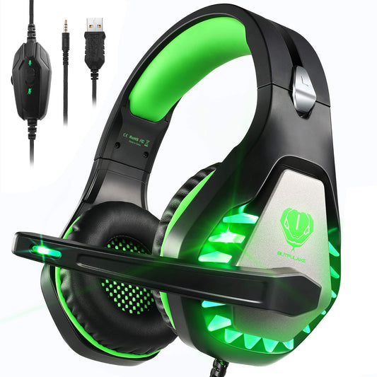 Pacrate Gaming Headset with Microphone for PC, PS4, PS5, Switch, Xbox Series X/S, Noise Cancelling Gaming Headphones with LED Lights for Kids Adults, Black Green