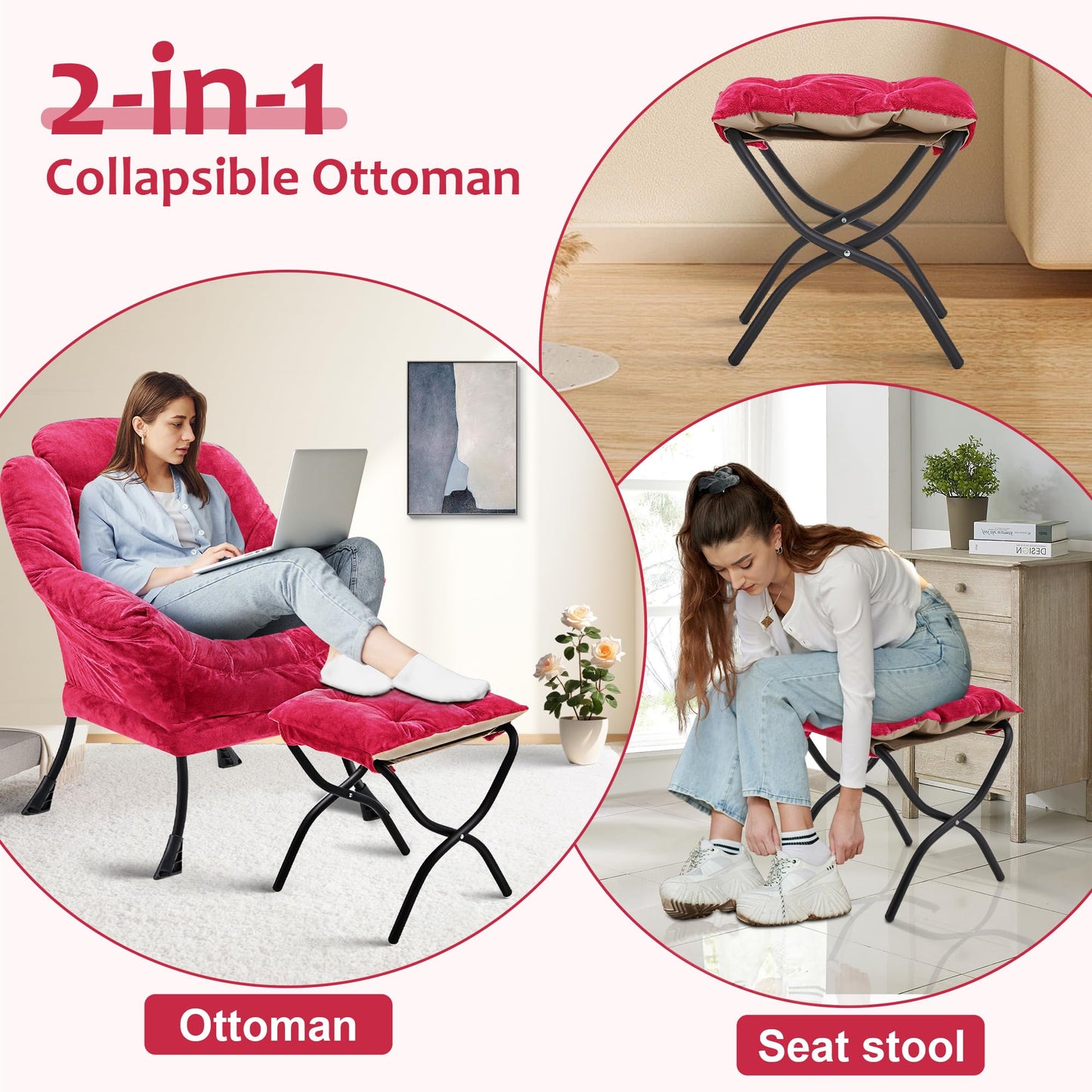 Halituny Fabric Lazy Chair with Ottoman, Oversized Upholstered Sofa Chair for Adults, Plush Comfy Lounge Chair with Large Side Storage Pocket, Reading Chair for Living Room, Bedroom, Office, Rose Red