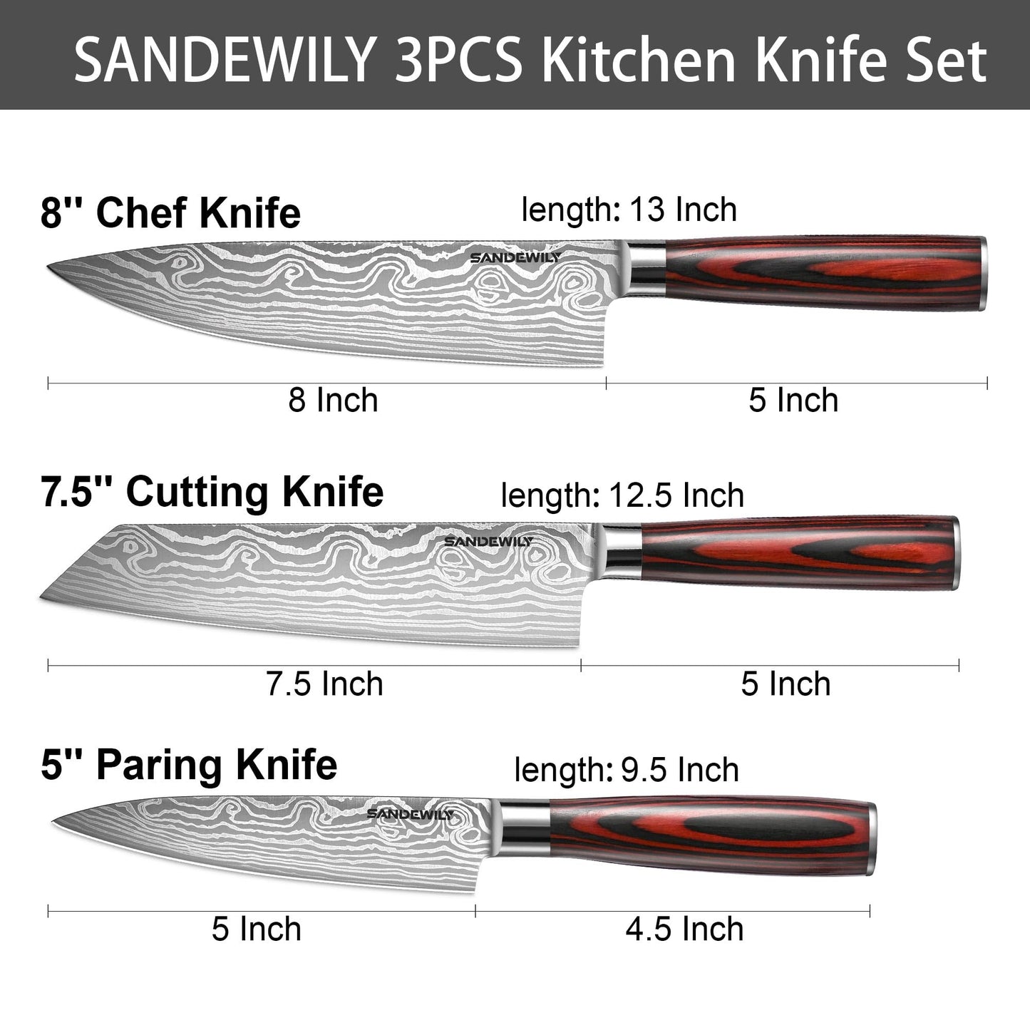 SANDEWILY Japanese Kitchen Chef Knife Set & Sheaths 3PCS High Carbon Stainless Steel Ultra Sharp Knives 8" Chefs Knife 7" Cutting Knife 5" Utility Knife with Gift Box for Home Restaurant