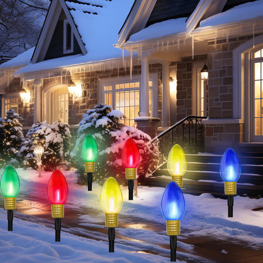 C9 LED Christmas Pathway Light Strings, 2 Pack 7FT Christmas Pathway Light Strings with 4 Jumbo LED Clear 4 Color Home Bulb Insert Rods for UL Listed for Lawn Walkway Lane Marker Lighting Decoration