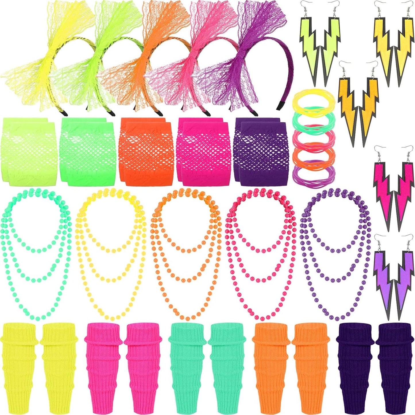 30 Pieces Women's 80s Outfit Costume Accessories Set Include Neon Headband Flash Earrings Necklace Bracelet Fishnet Gloves and Leg Warmers for 80s Retro Party
