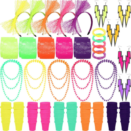 30 Pieces Women's 80s Outfit Costume Accessories Set Include Neon Headband Flash Earrings Necklace Bracelet Fishnet Gloves and Leg Warmers for 80s Retro Party