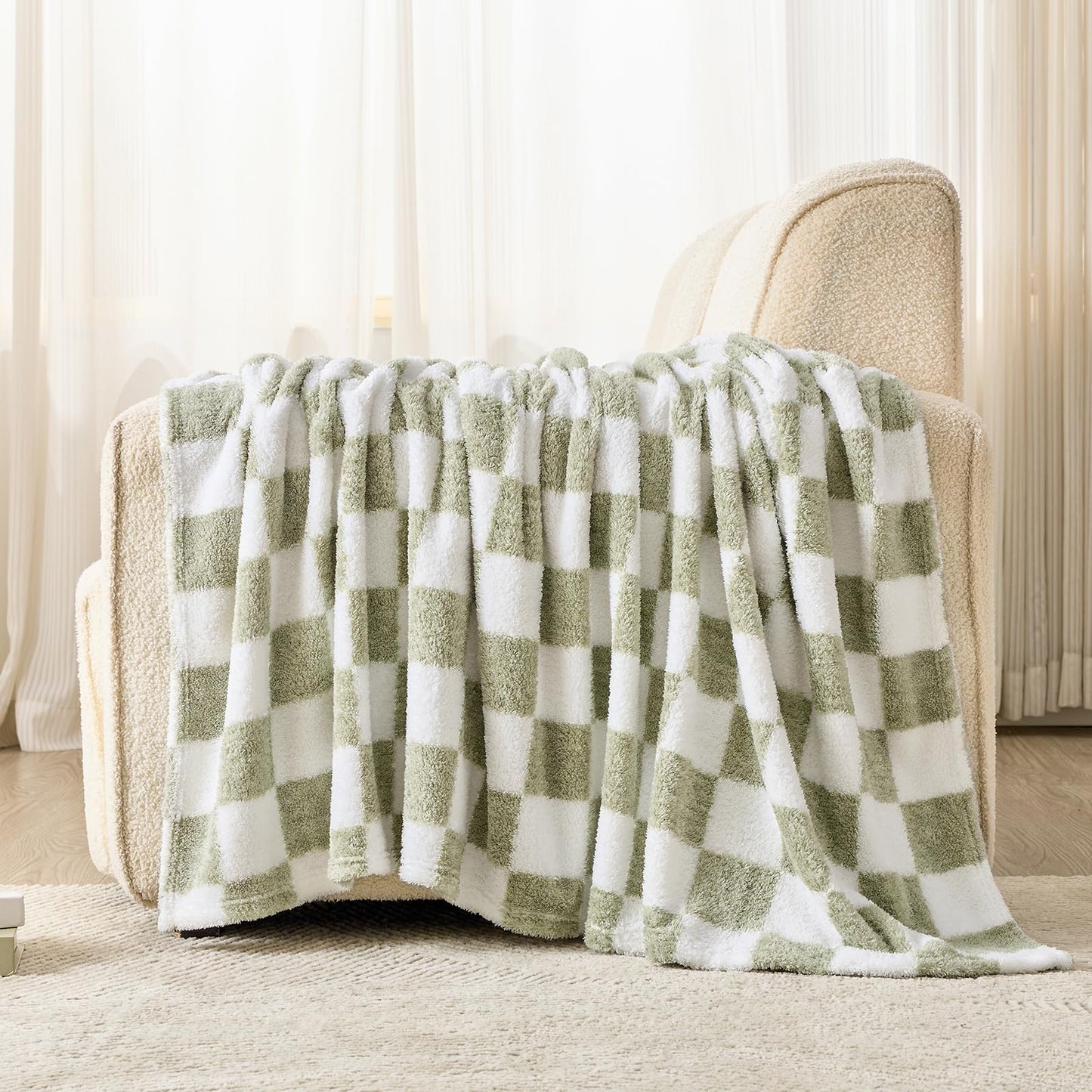 EMME Checkered Blanket Twin Size - 60"x80" Green Knit Blanket Soft Fluffy Patterned Throw Blankets for Couch, Sofa, Chair, Bed, Camping, Picnic, Travel