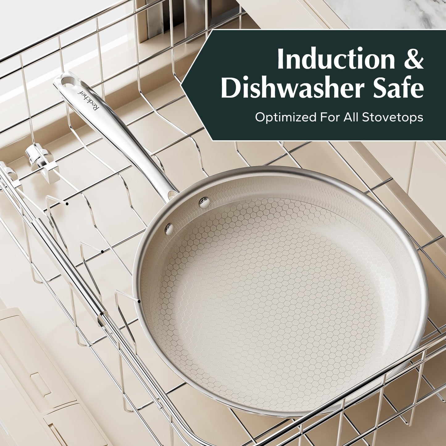 Redchef Ceramic Nonstick Frying Pan 9.5-Inch with Honeycomb Coating, Stay-Cool Handle, Dishwasher & Oven Safe, Induction Ready, PTFE PFAS-Free, All Cooktops