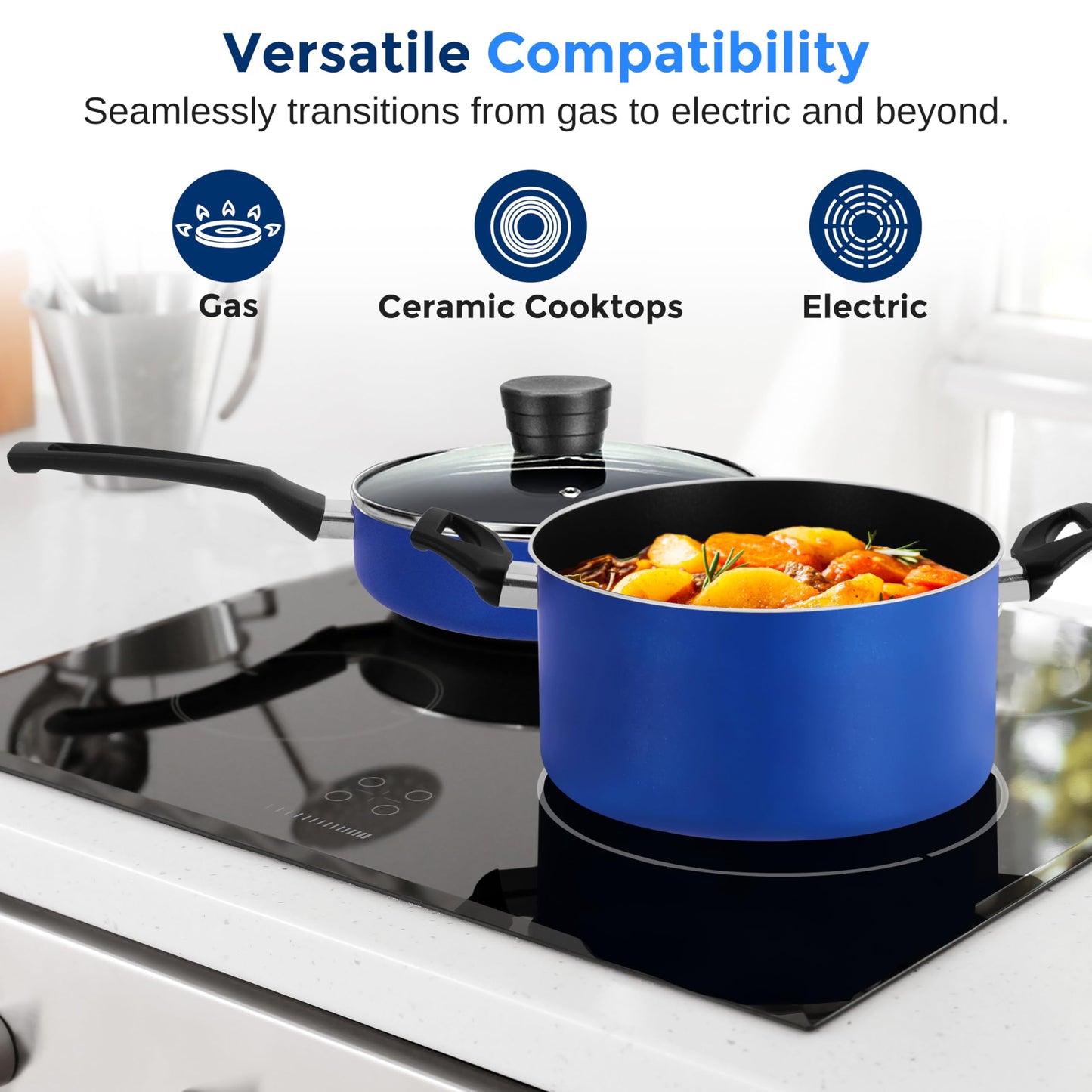 SereneLife 20-Piece Blue Cookware and Knives Set - Includes Multi-Sized Nonstick Pots and Pans with Lids and Utensils, Heat Resistant, Dishwasher Safe