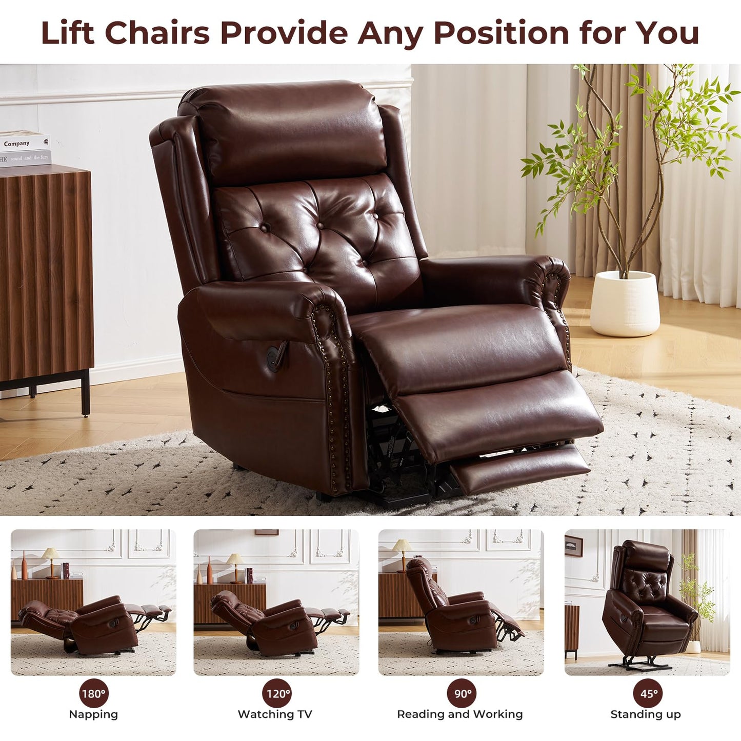 Rhevoy Power Lift Recliner Chair for Elderly with Adjustable Headrest,Electric Lift Chair with Massage and Heat, Lay Flat Recliner for Big and Tall,Brown