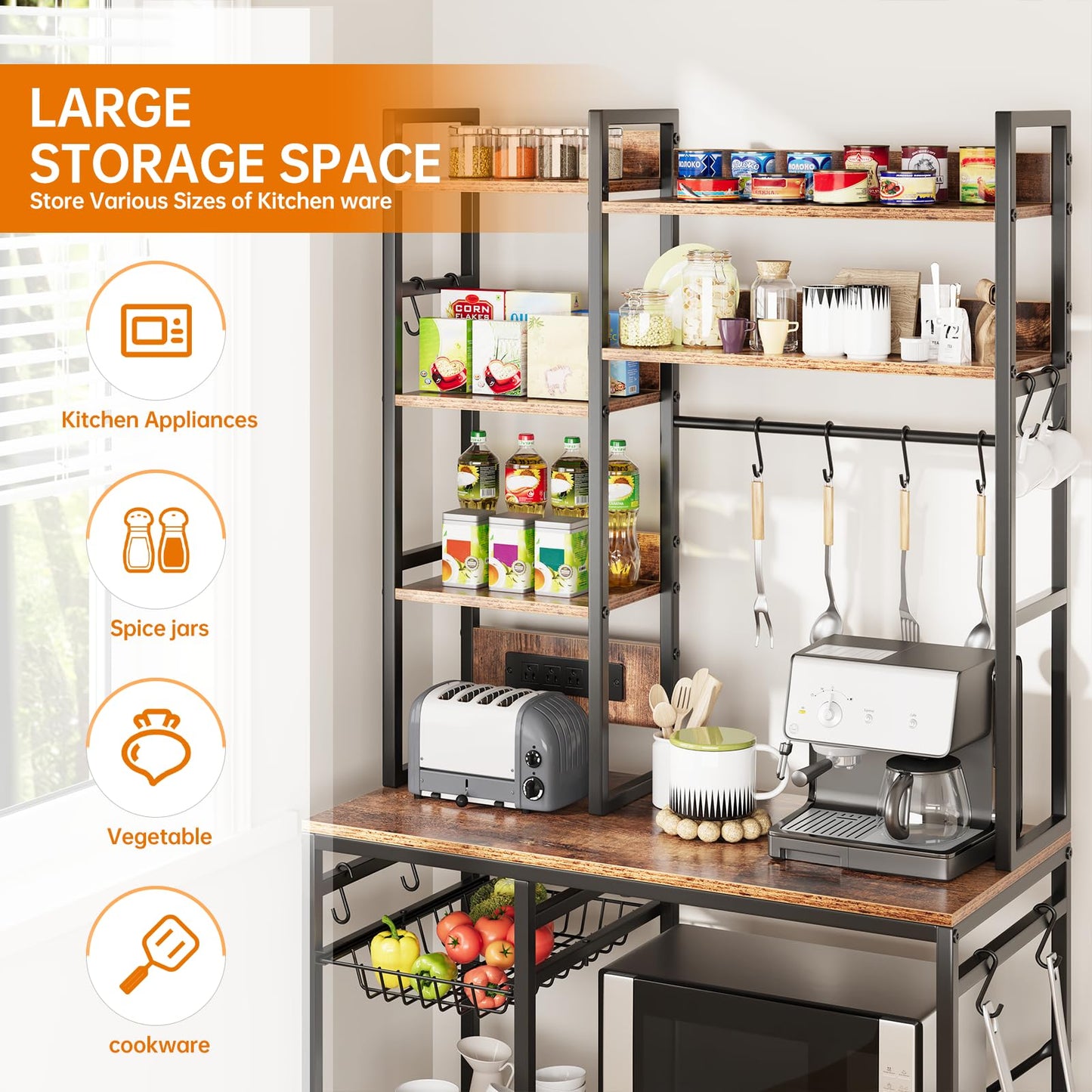 Airynee Bakers Rack with Power Outlet, 7-Tier Microwave Stand, Large Coffee Bar Stand with 12 Hooks & Wire Basket, Metal Kitchen Shelf Organizer for Pots, Spices, Easy Assembly, Rustic Brown