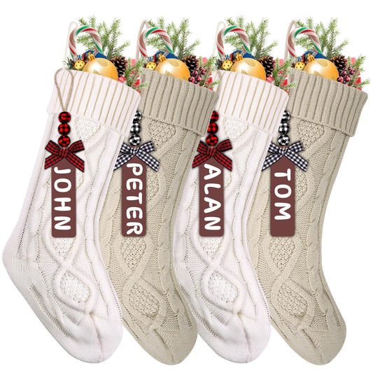 XIMISHOP 4PCS Christmas Stockings, 18inch Large Personalized Cable Knitted Xmas Hanging Stocking Decorations with Name Tags for Holiday Christmas Party Family Decor (Khaki and White)