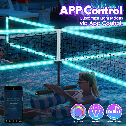 LED 4-Way Pool Volleyball Net, Light-Up Four Square Volleyball Pool Game Set with LED Water Balls, App & Remote Control, Music Sync – 4-Player Swimming Pool Party Toy Game for Adults & Family
