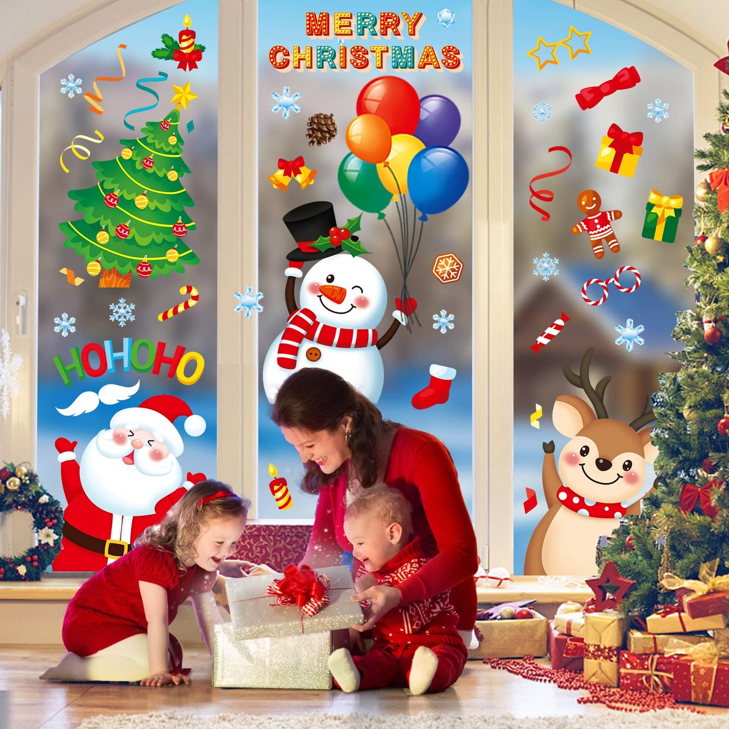 Christmas Window Clings 9 Sheets Christmas Window Stickers Santa Snowman Reindeer Xmas Snowflake Merry Christmas Window Clings, Double-Side Window Decals for Party Decorations Home School Glass
