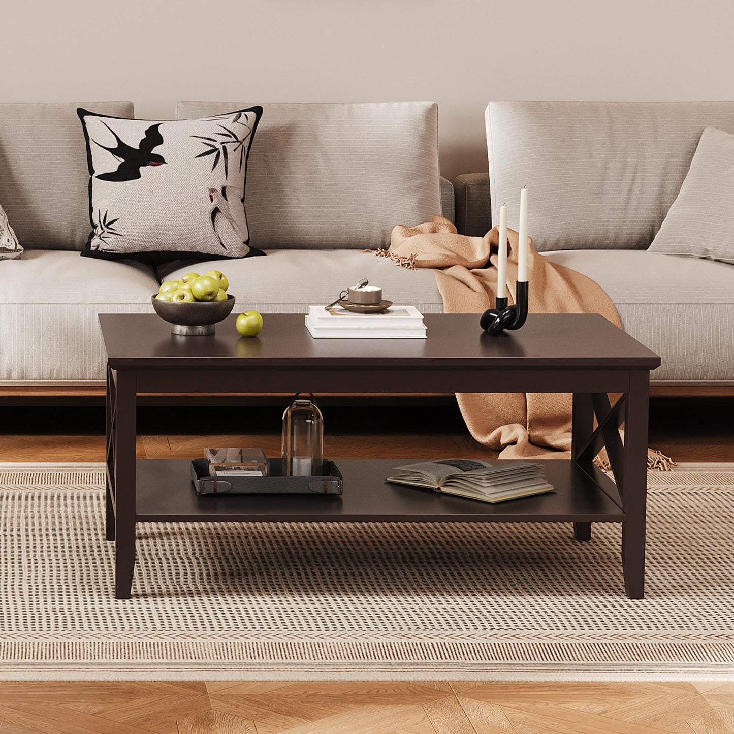 ChooChoo Oxford Coffee Table with Thicker Legs, Espresso Wood Coffee Table with Storage for Living Room 40 inches