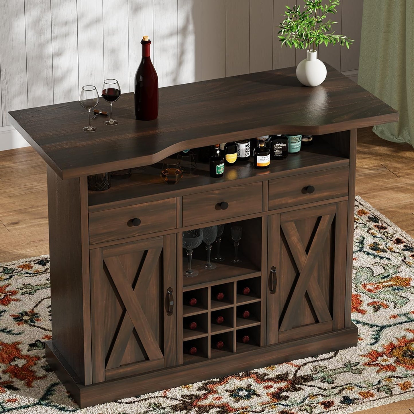 52 Inch Large Home Bar Unit, 4-Tier Storage Bar Table with Footrest & 3 Drawers, Farmhouse Wine Bar Cabinet with 9 Wine Rack & 2 Barn Doors for Living Room, Dining Room, Dark Oak
