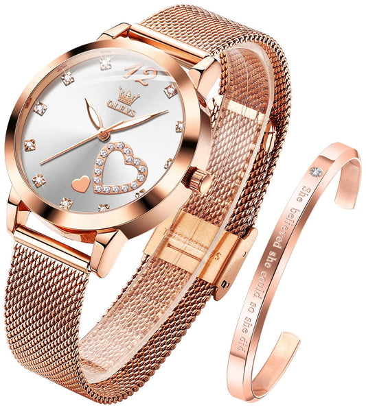 OLEVS Women's Rose Gold Watches Heart Diamond Japanese Quartz Movement Ladies Wristwatch Big Face Waterproof Mesh Belt Watch and Bracelet Set