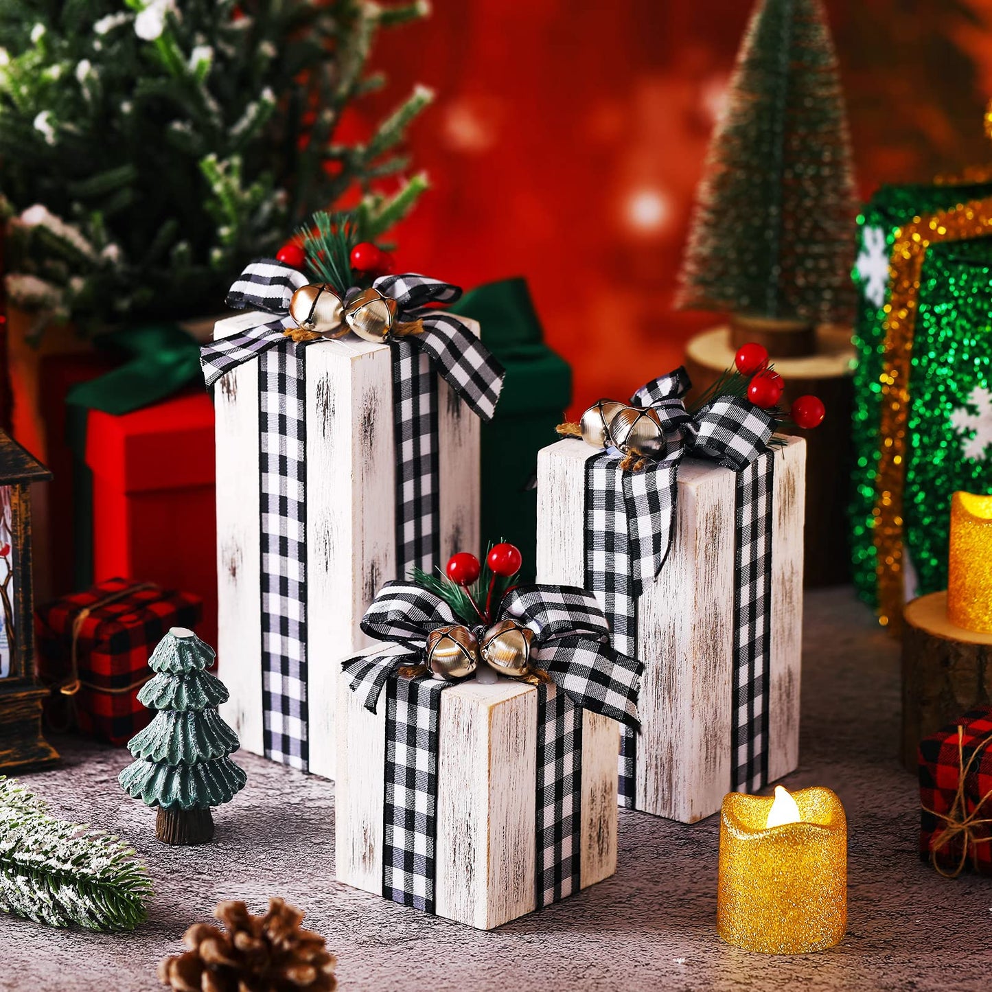 Amyhill 3 Pcs Christmas Wooden Gifts Box Decor Christmas Plaid Presents Table Centerpieces Rustic Wooden Gifts Tiered Tray Decor with Buffalo Plaid Bowknot for Xmas Party(White,Classic)