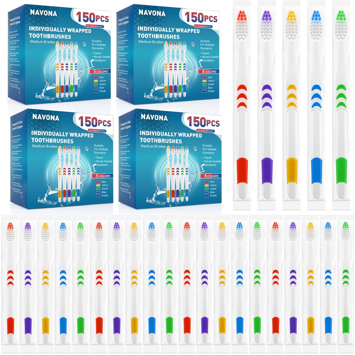 Navona 600 PCS Premium Individually Wrapped Bulk Toothbrush Pack, Disposable Toothbrushes, Kids Toothbrush, Medium Soft Bristle Toothbrushes, Ergonomics Handle, Perfect for Travel Hotel Donation