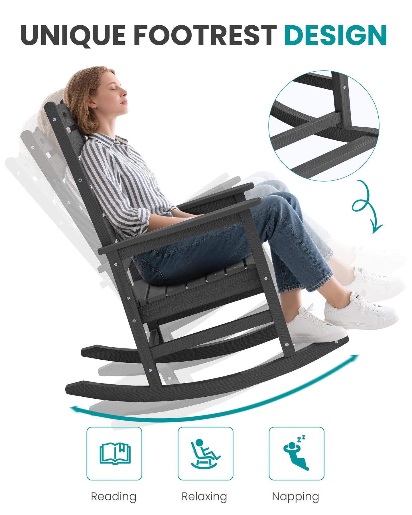 SERWALL Outdoor Rocking Chair, Oversized Rocking Chair with Footrest for Adults, HDPE All Weather Resistant Rocking Chairs for Patio, 350lbs Weight Capacity, Gray