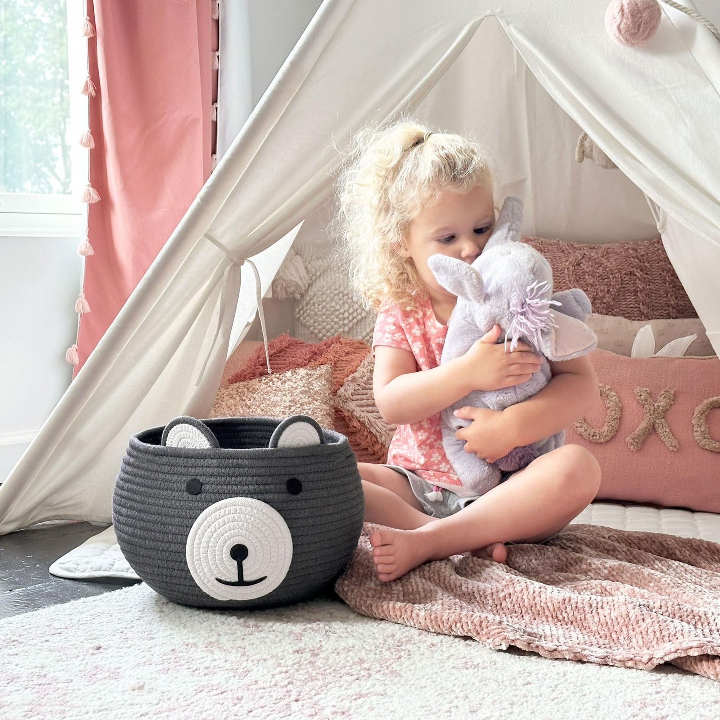 CherryNow Baby Basket for Nursery, Bear Gift Baskets for Kids, Empty Baby Shower Basket with Handles, Small Cute Animal Cotton Rope Baskets, Grey, 10.5"D x 8.5"H